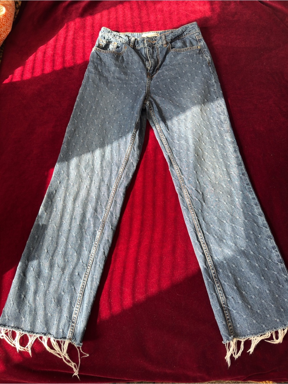 Zara Light Blue Embossed Wide-Leg Jeans with Frayed Hem Sz 4